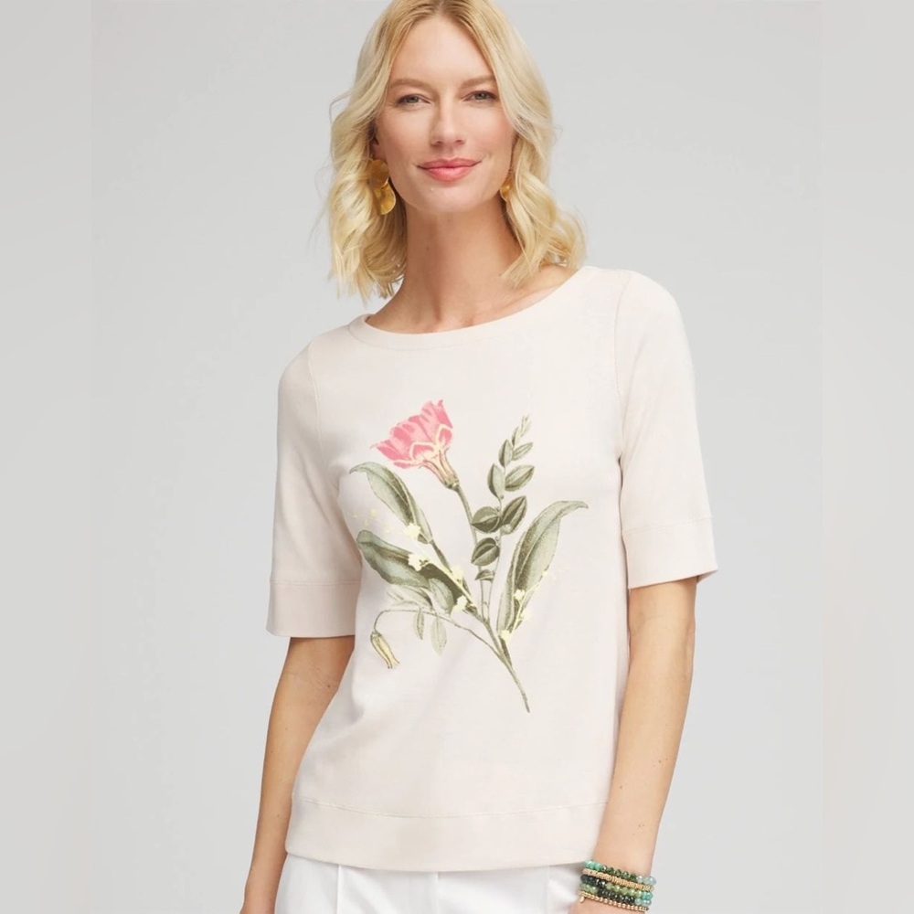 Chico's Floral Pima Cotton Bateau-Neck Tee